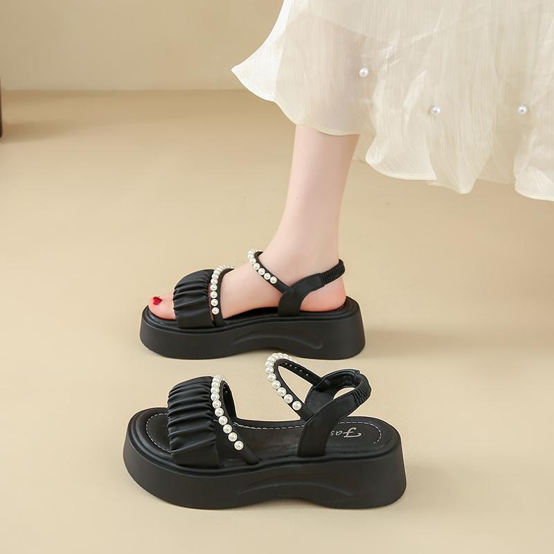 Sandali Beige con Tacco Scarpe Estive Primavera 2025 Zoccoli Zeppa Muffin Scarpa Nero Medio Spesso Comfort Ragazze Nuovi Piattaforma Spiaggia Moda