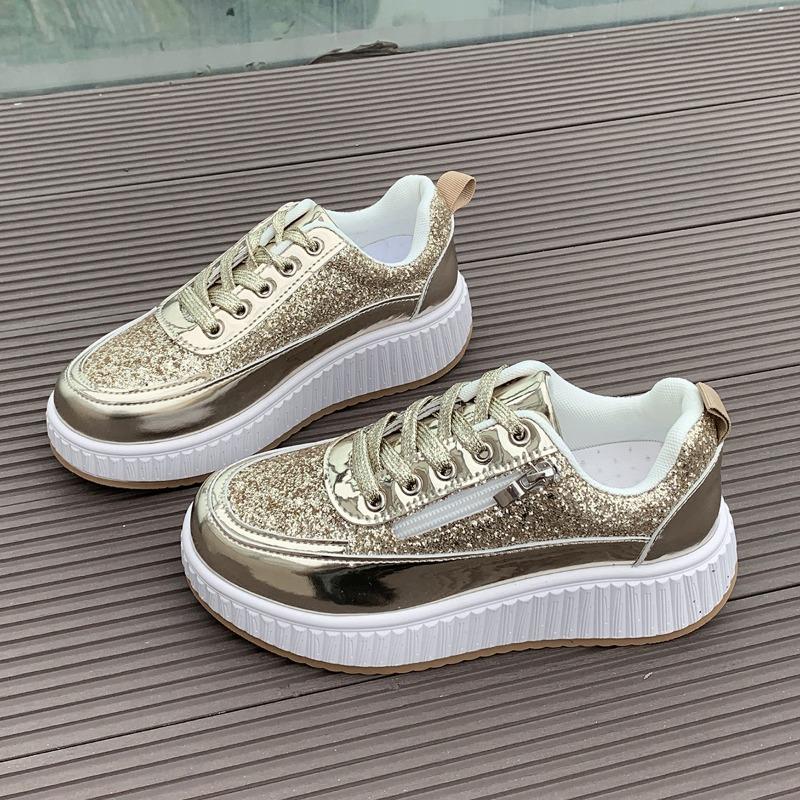 Spring and Autumn Trend Platform Casual Shoes New Glossy Fashion Sports Women's Shoes Low-top Lace-up Flat-soled Single Shoes
