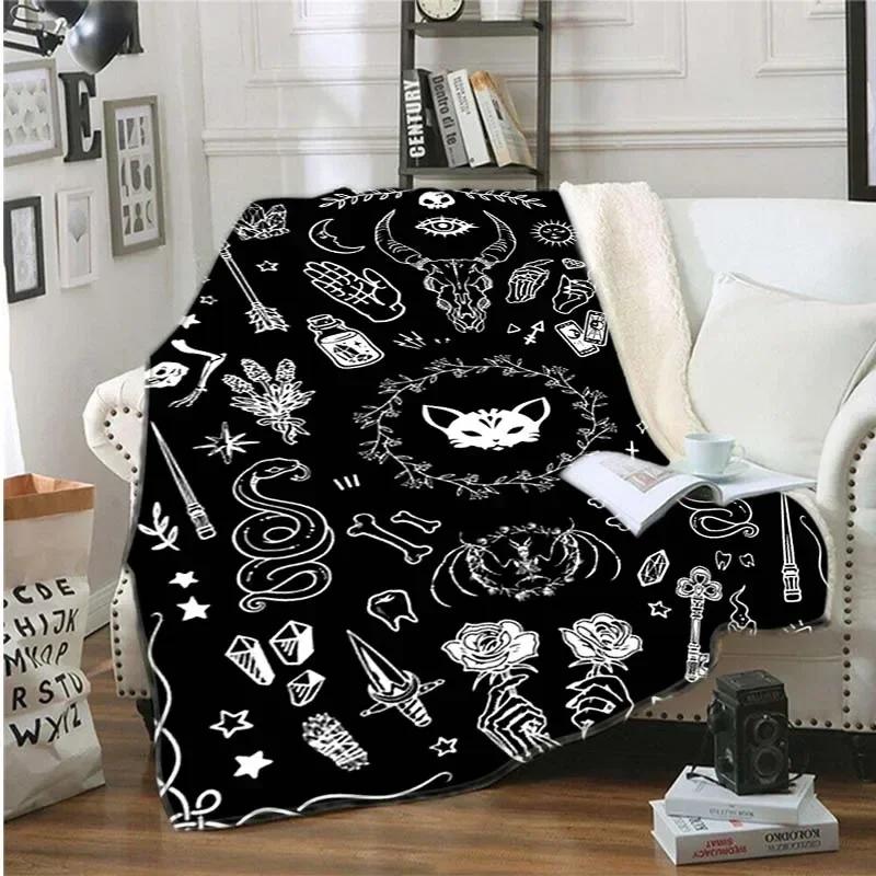 Cat with Moon Anime Blanket Throw Blanket Satanic Flannel Blanck and White Blanket for Adults Kids Halloween