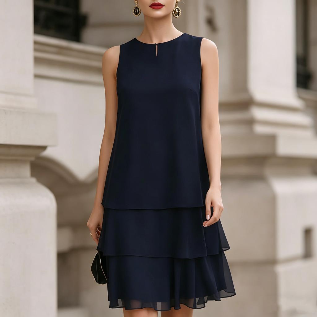 Vestido Feminino Sem Mangas em Camadas Casual de Caimento Solto Modelo Evasê com Forro Leve Vestido de Verão para Uso Externo e Interno