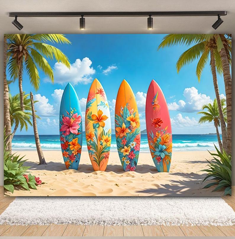 Hawaiian Summer Seaside Backdrop for Photography Tropical Beach Palm Tree Surfboard Baby Birthday Holiday Party Photo Background
