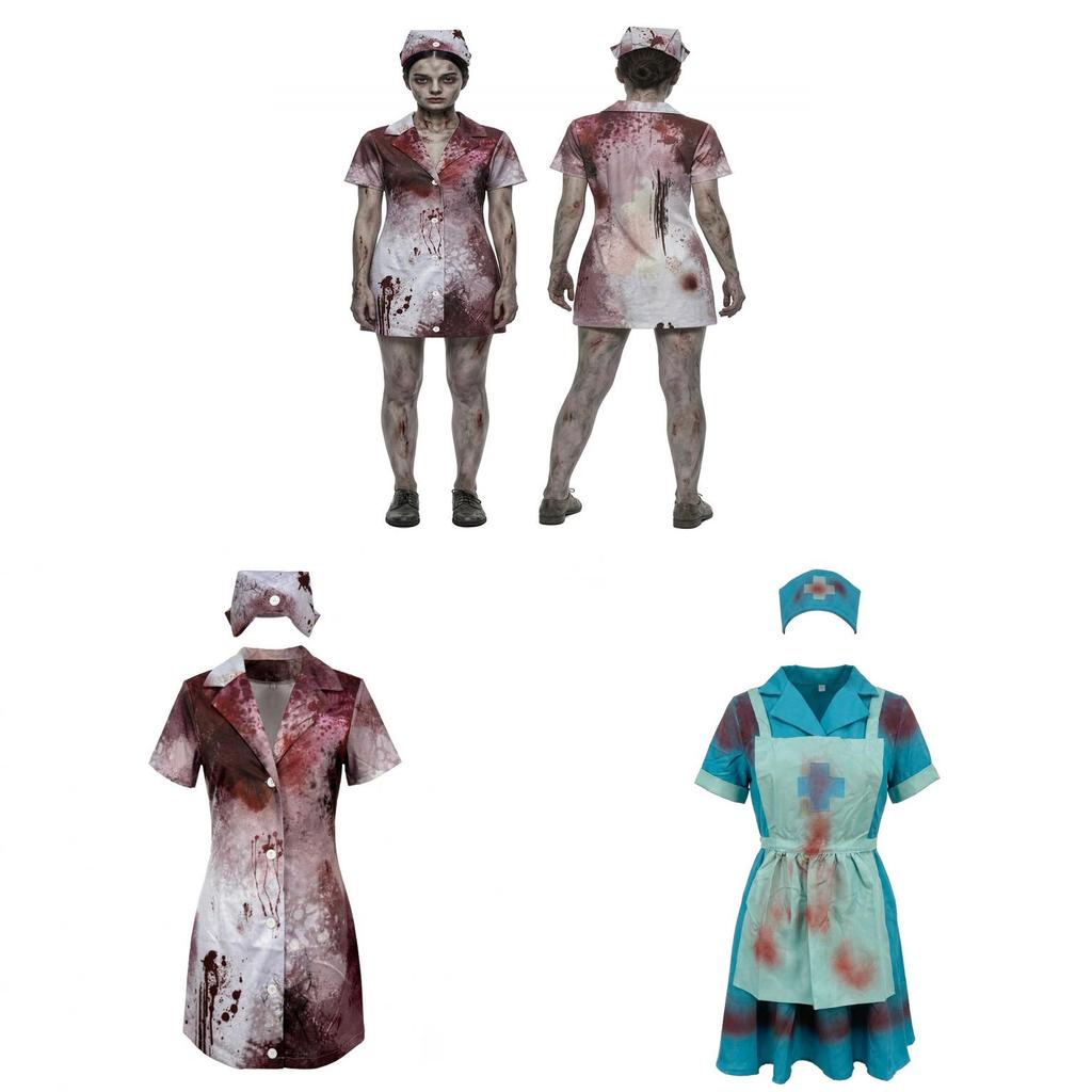 Halloween Zombie Nurse Cosplay Costume With Bloodstains For Horror Theme Party