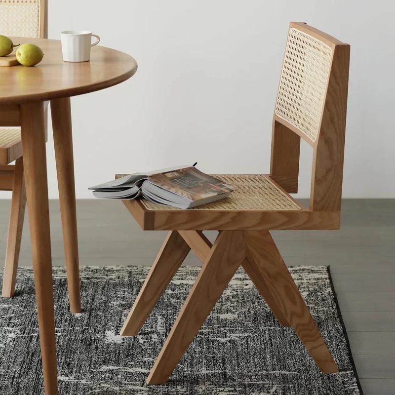 Nordic Retro Birch Dining Chair – Designer Studio Style with Rattan & Solid Wood Back, Armless Natural Coffee Chair