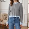Womens Striped Stitching Texture Casual Cropped Fitted Tops Blouse