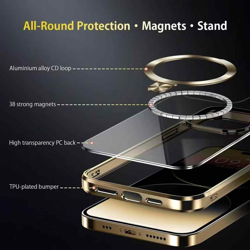 For iPhone 15 Pro Max Magnetic Case Electroplated TPU+PC Kickstand Clear Back Phone Cover