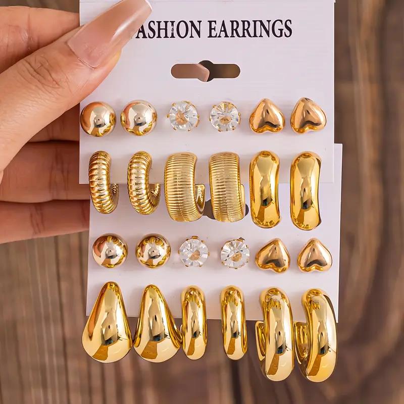 12pcs/24pcs New Artificial Crystal Heart Earring Sets for Women Exaggerated C-Shaped Resin Gold-Plated Earrings Jewelry Gifts