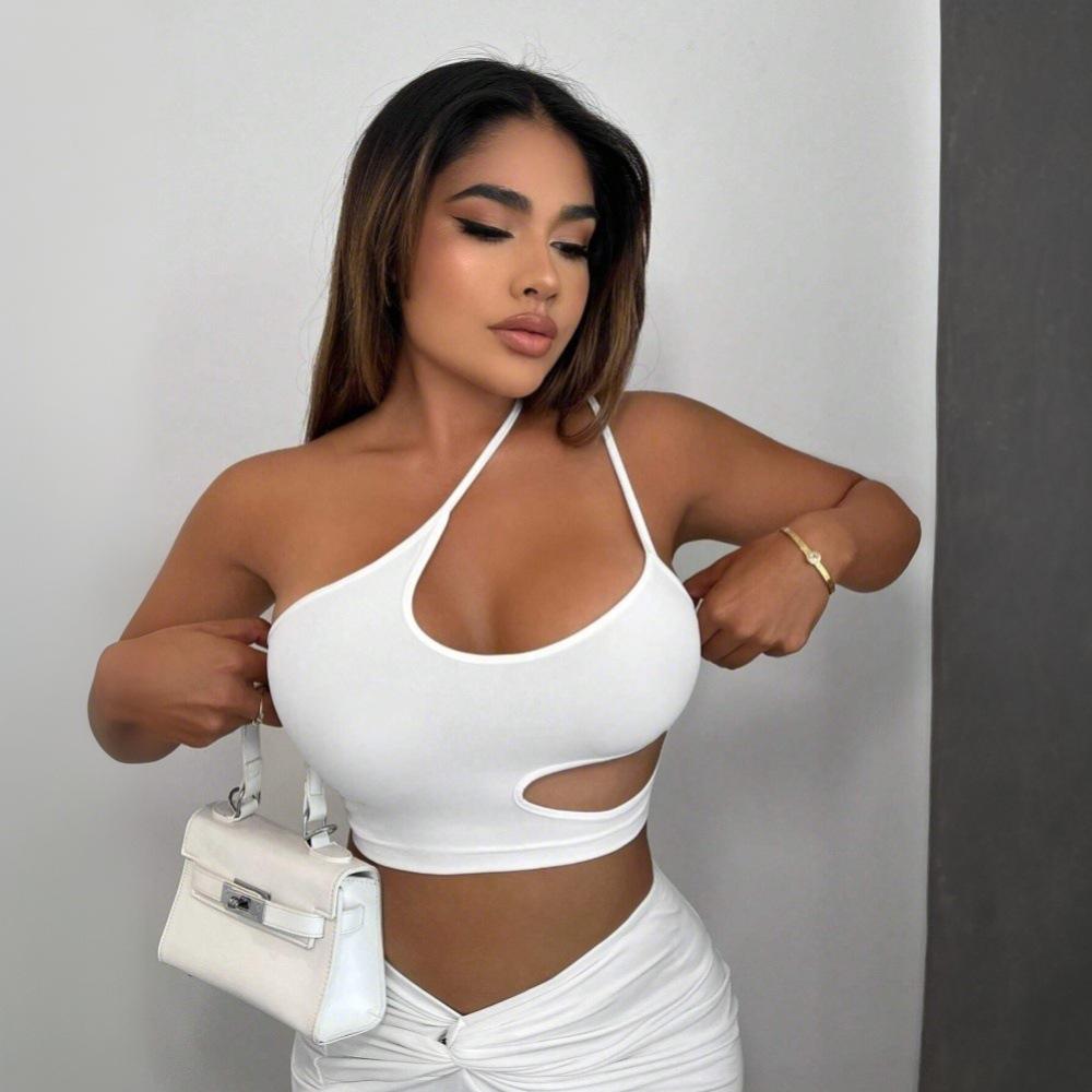 Spring and summer new women's clothing European and American sexy T-shirt diagonal collar unilateral suspender super short top