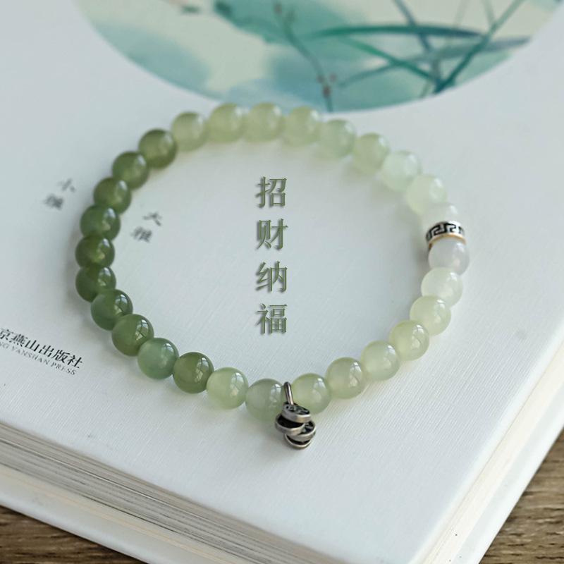 Natural Hetian Jade Gradient Bracelet In Blue and White, New Chinese Style, Artistic Retro Design, "Peace Every Year" Pure Silver Fortune Charm