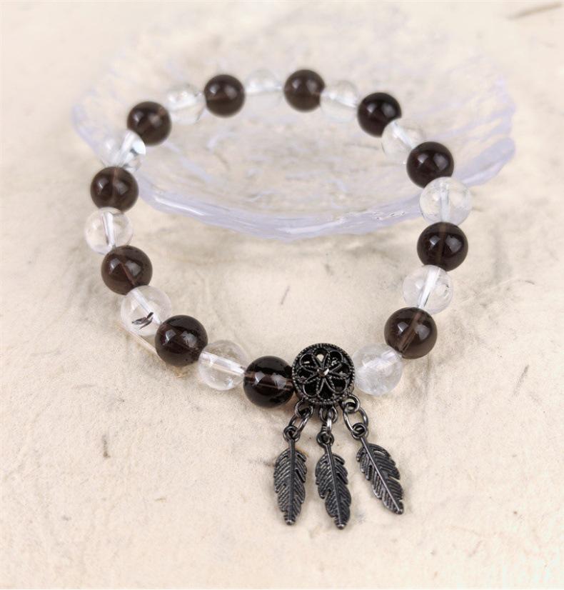 Natural 8MM White Crystal & Smoky Quartz Dream Catcher Bracelet with Wealth-Attracting Tree Leaves