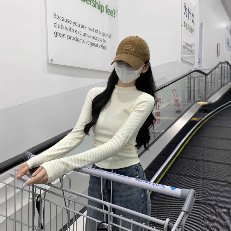 Vintage front shoulder top women's spring design pleated card waist shirt semi-turtleneck inner bottoming shirt