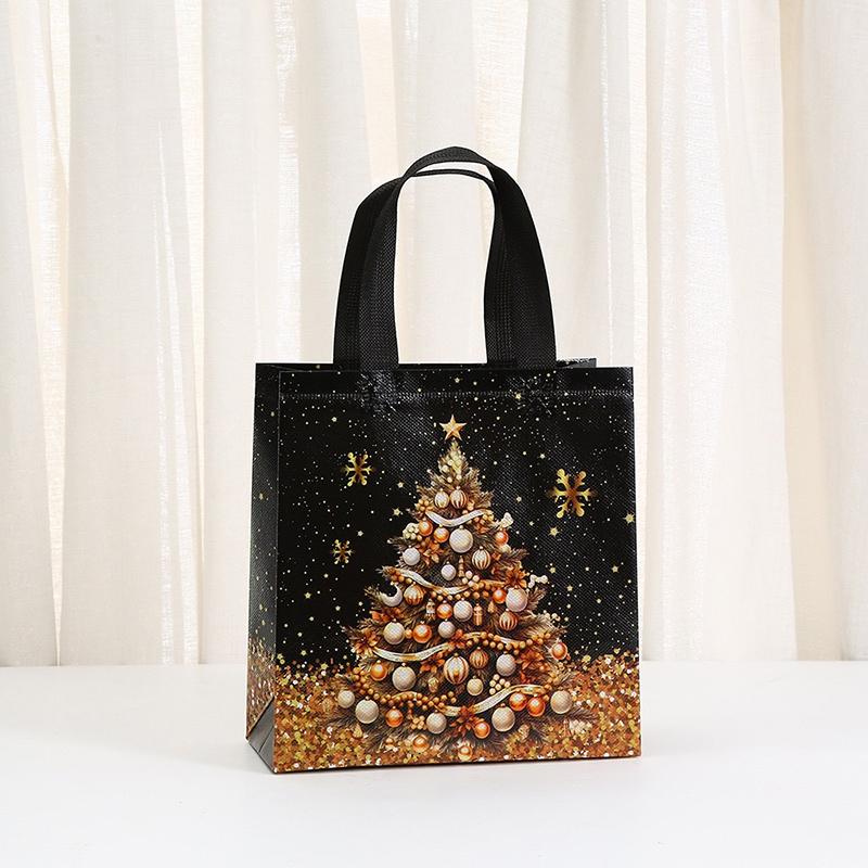 Merry Christmas Black Gold Non-woven Bag Snowman Xmas Tree Pattern Tote Bag Gift Packaging Waterproof Storage Pouch