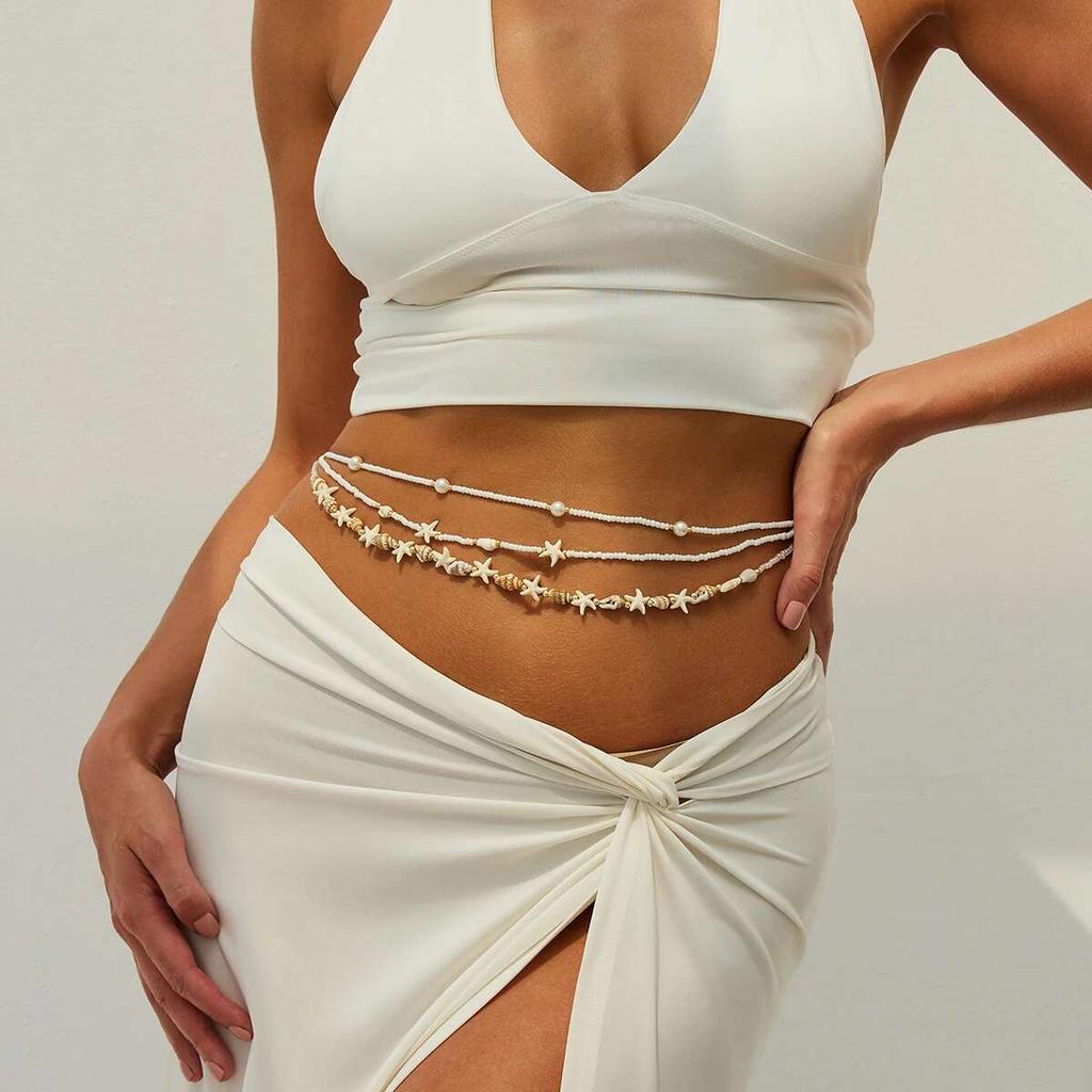 Lacteo Bohemia 3Pcs/Set Acrylic CCB Beads Imitation Pearl Waist Chain Mini Star Conch Alloy Belly Chain Summer Jewelry Gift New