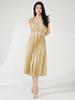 Miyake Skirt: Luxurious Textured Mid-Length Gold V-Neck Dress with Belly-Covering Loose Fit
