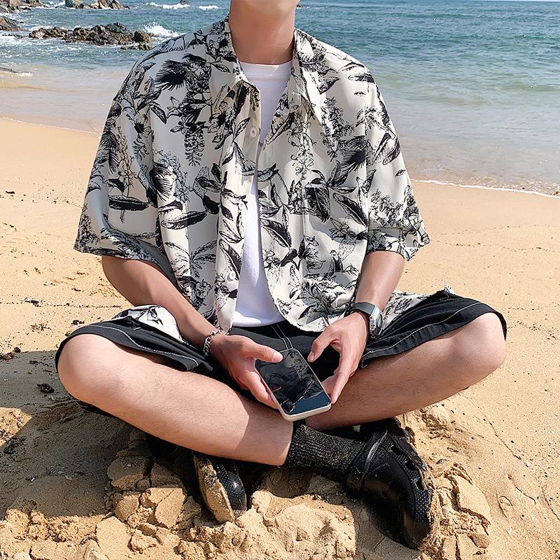 

Унисекс Гавайская рубашка с коротким рукавом в гонконгском стиле - Модная пляжная одежда для студентов XL