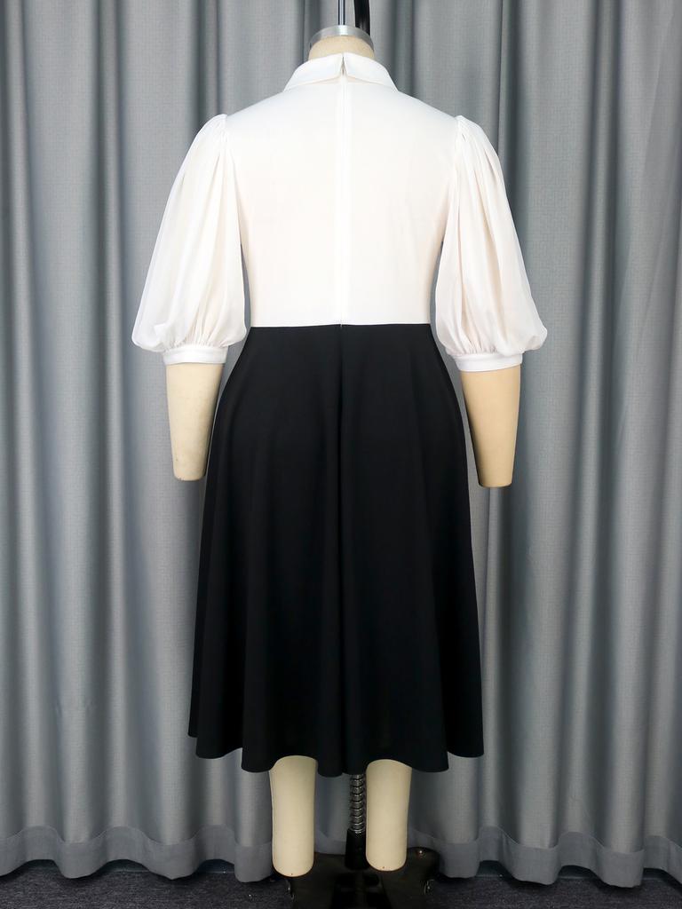 AOMEI Elegant Dresses Plus Size Lantern Sleeve High Waist Causal A Line Patchwork Turn-Down Collar Dress for Women