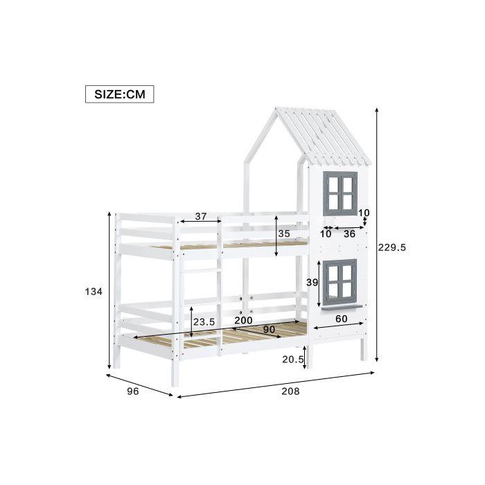 Lit superposé avec barrières et fenêtre avec protection contre les chutes et barrière, cadre en pin, blanc (90x200cm)