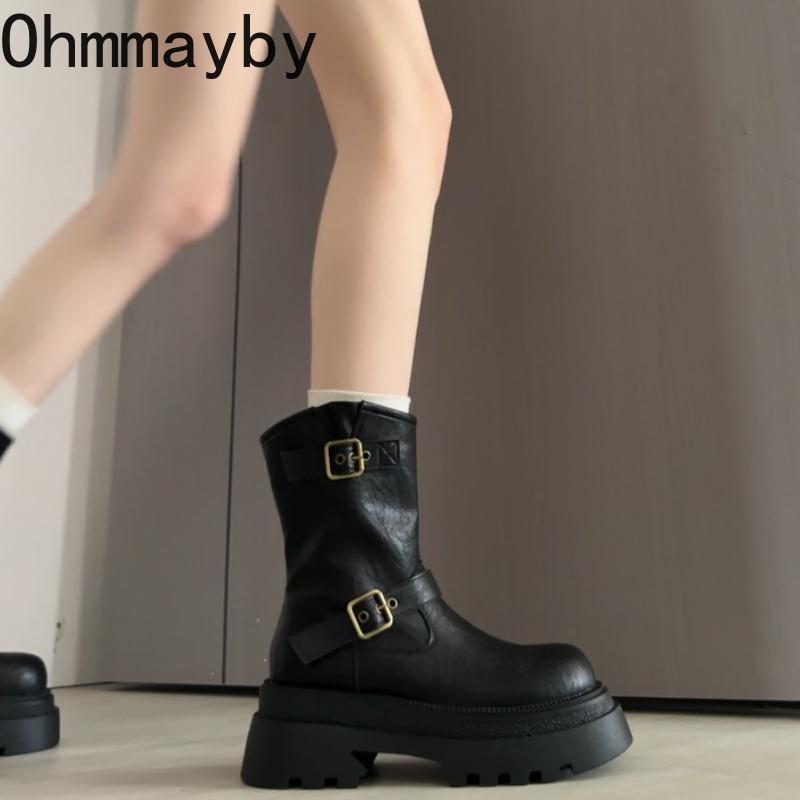 Autumn Winter Women Thick Heel Ankle Boots Fashion Belt Buckle Shoes Punk Style Ladies Height Increase Mordern Short Booties
