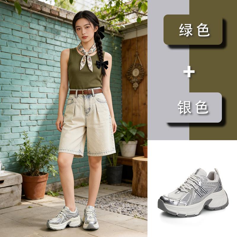 Suction film bottom leather dad shoes 2026 spring thick sole heightening sports shoes retro casual shoes tide