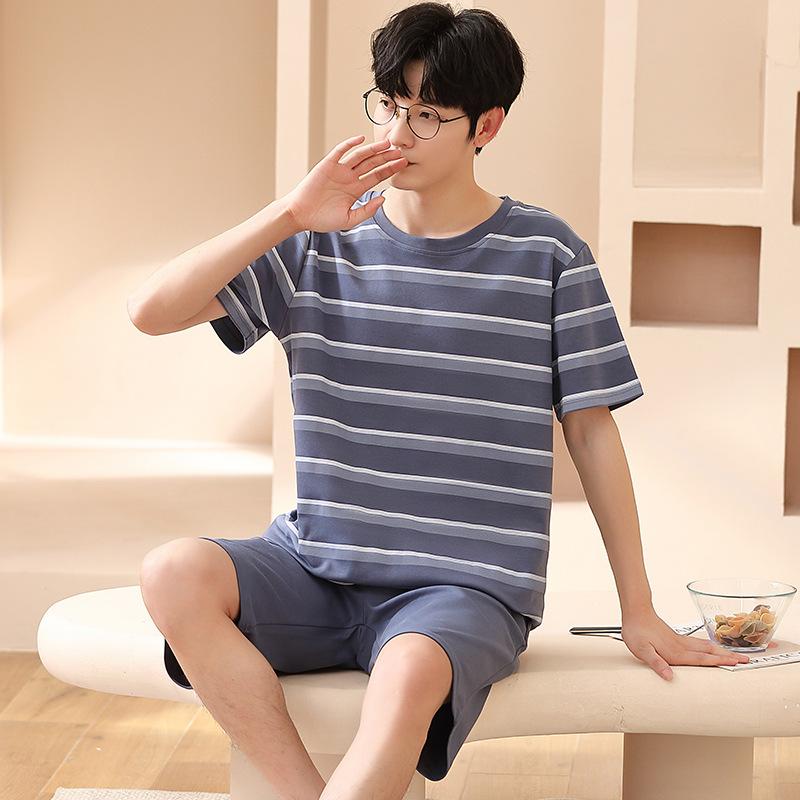 Cotton Sleepwear Loungewear Men's Big Size Long Sleeve Long Trousers Youth Nightwear Homewear Two Sets Cartoon Striped Pajamas