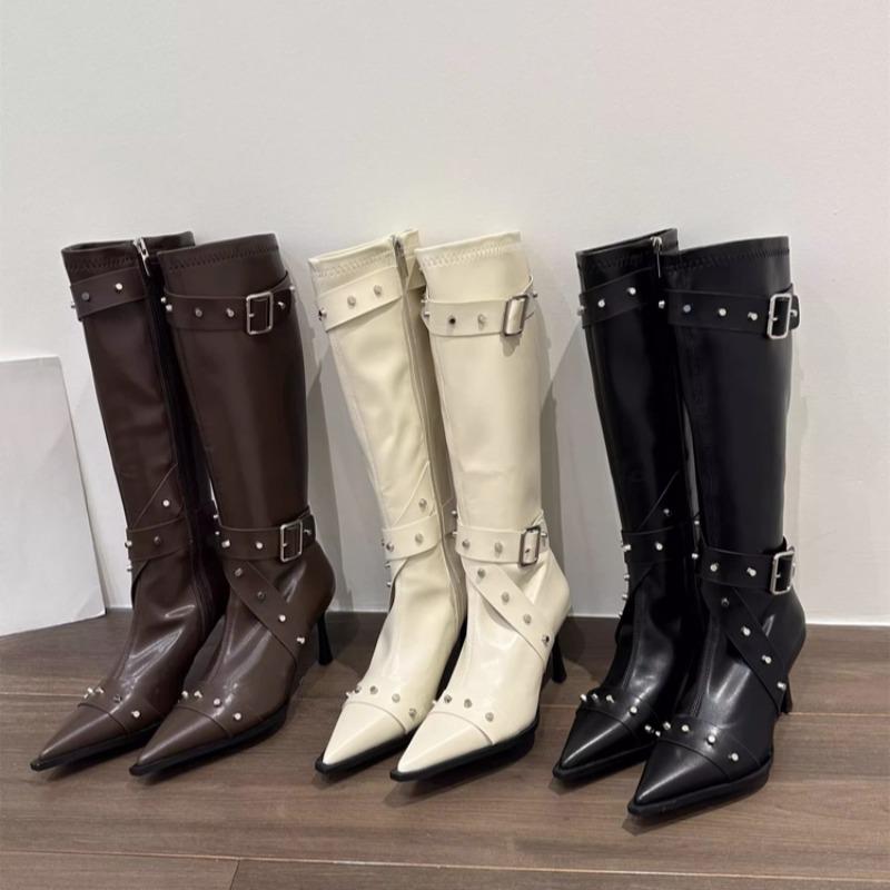 Studded Metal Buckle High Boots Autumn New Pointed Toe Zip Stiletto Heel Women'S Single Shoes