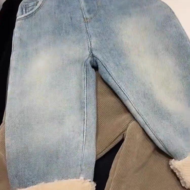Girls' Velvet Jeans Winter Korean Edition Fashionable Thick Cudged Versatile Wide Leg Straight Leg Pants Trendy