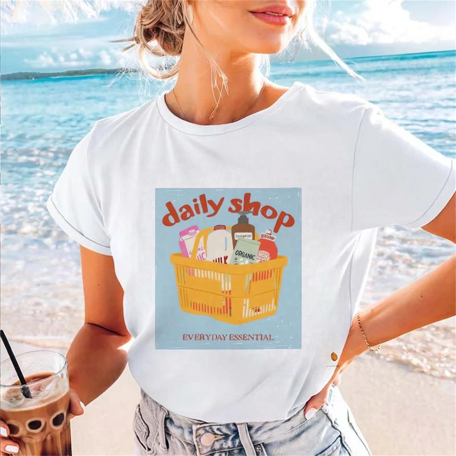 

2025 Women s Fashion 90s Cartoon Shopping Pattern T-Shirt Basic Casual Top Short Sleeve Summer Regular Printed Women s T-Shirt XXXXXL білий