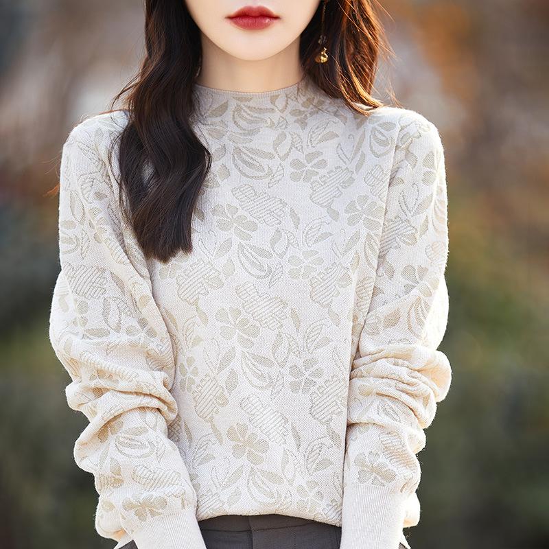 Spring and Autumn Women's Knitwear Jacquard Half High Neck Bottom Shirt Loose Long Sleeve Top