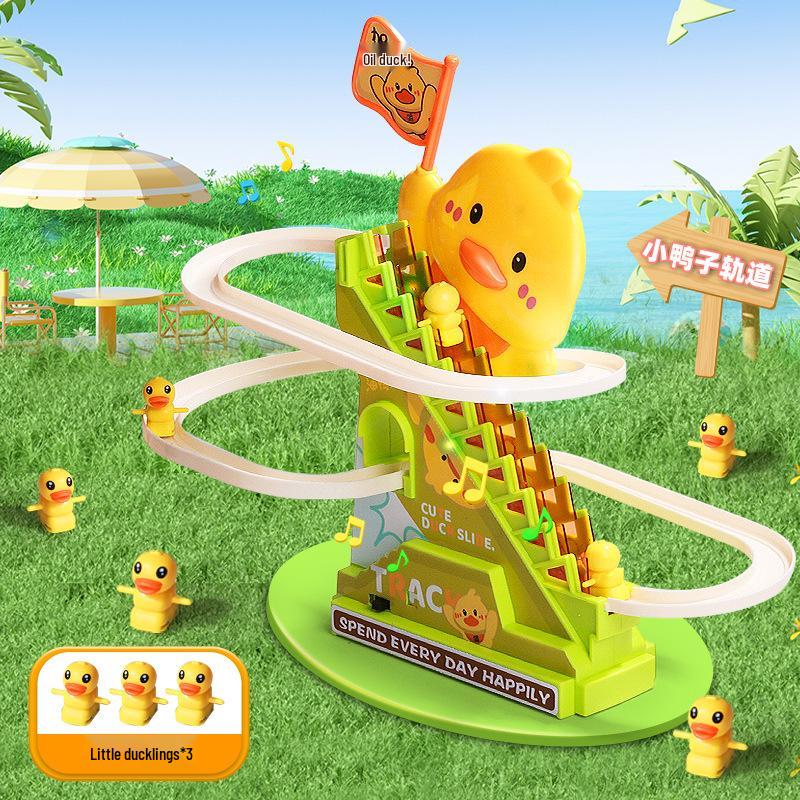 

Игрушка «Утка, машущая флагом, поднимающаяся по лестнице» со светом и музыкой для тренировки удержания головы у детей и развивающей сборки.