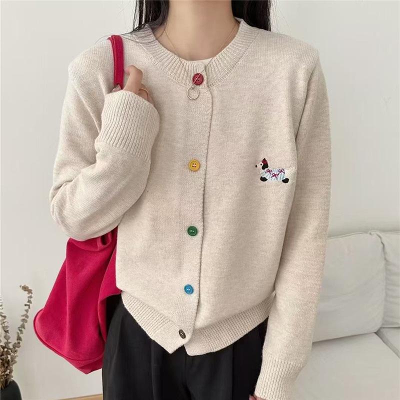 Women's Embroidered Cardigan Jacket - 2025 Spring Short Knit Round Neck Sweater for Spring and Autumn