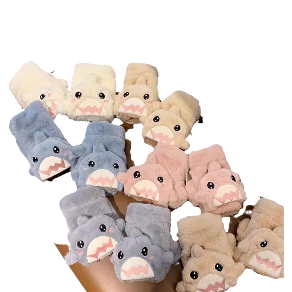 Gloves for Women In Winter Cute Shark Half Finger Plush Thickened Flip Student Fingers To Prevent Cold  Men Keep Warm and Velvet