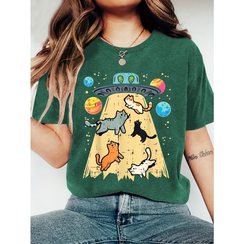 Women's Summer UFO Abducting Cute Cat Print Crew Neck Short Sleeve T-shirt