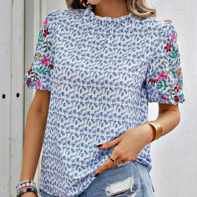 Summer New Embroidered Printed Loose Women's Shirts Short Sleeve Fashion Elegant Blouse Women Tops Stand Collar Slim Fit Shirt Female Clothing 26429
