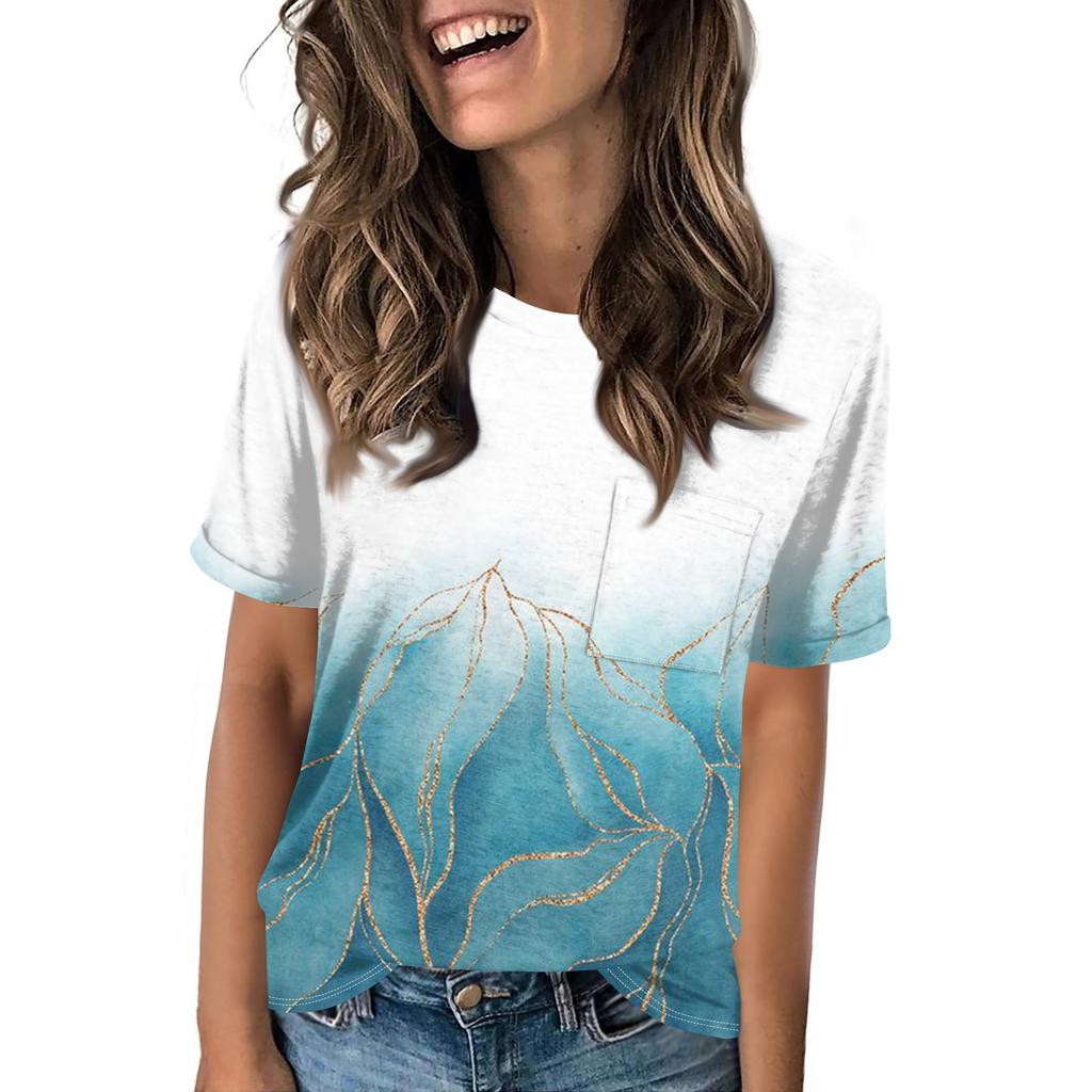 Women's Pocket Floral Print Summer Short Sleeved Round Neck Casual Loose T-shirt Top