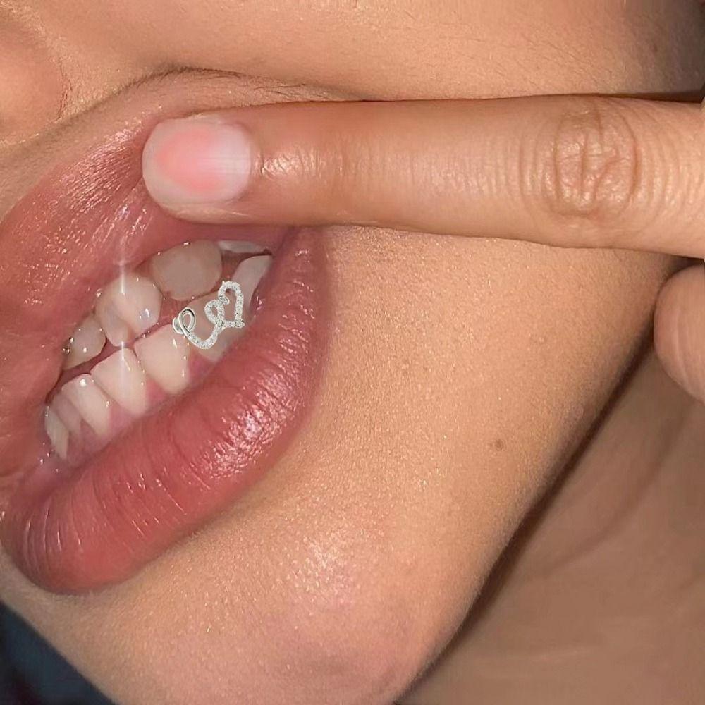 2Pcs Zircon Double Heart Teeth Caps Copper Hollow Love Tooth Grills for Women Men