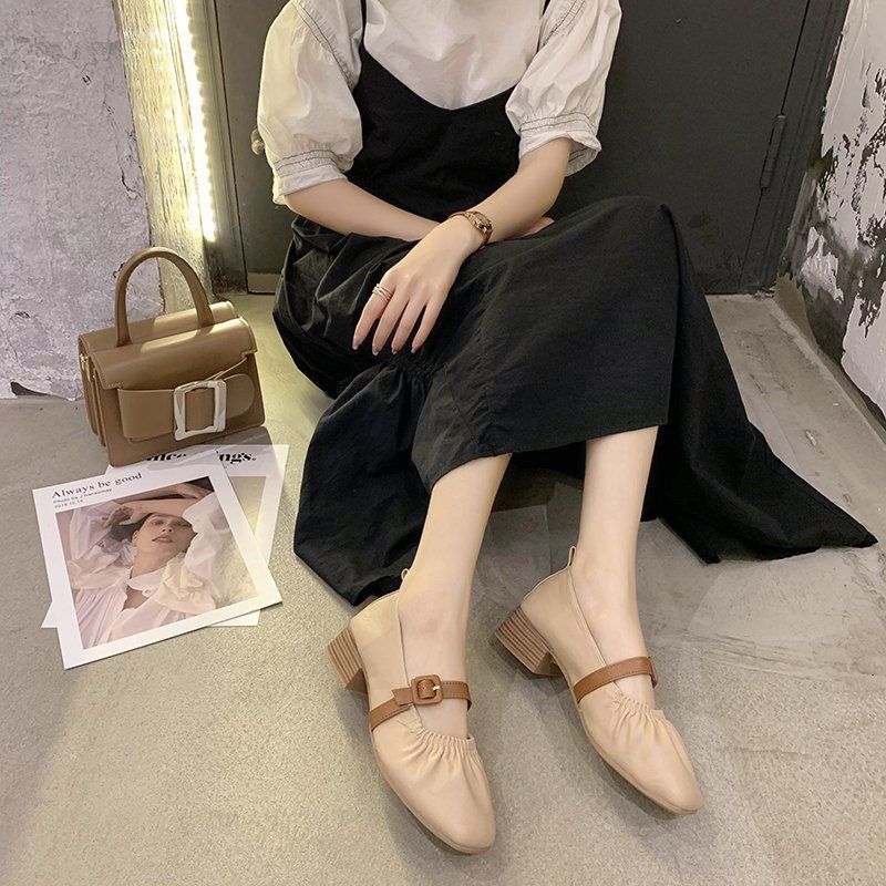 Green Summer Breathable Single Shoes Women's Spring Thick Heel Anti-slip Slip-on Shoes Solid Color Versatile Shallow Shoes