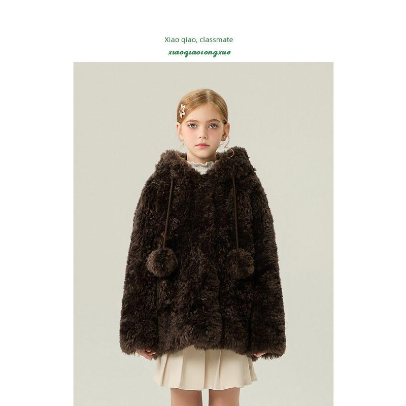 Children's Fur Coat 2025 Autumn and Winter New Style Girls' Korean Fleece Cardigan Little Girl's Furry Coat with Pom-Poms
