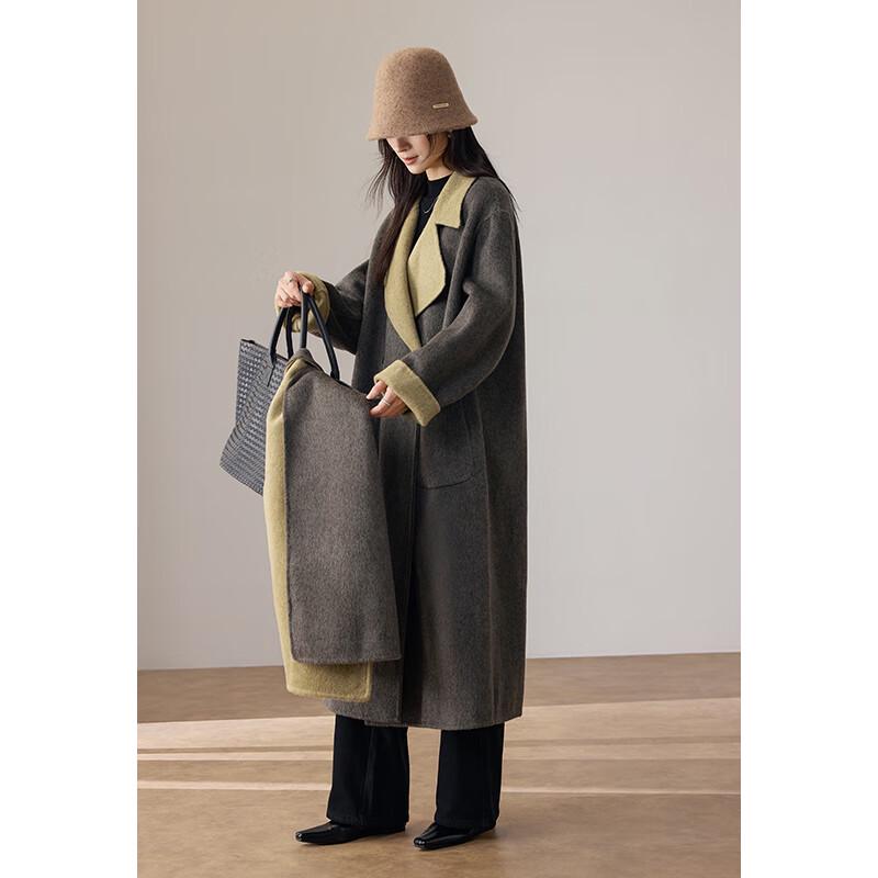 VICTORIA&VERA Women's Colorblock Long Wool Coat