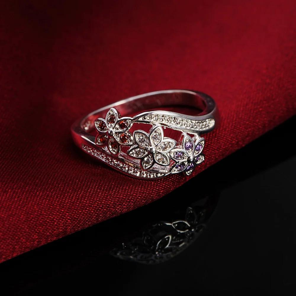 925 Silver high quality For women lady wedding inlaid stone crystal flower ring fashion jewelry