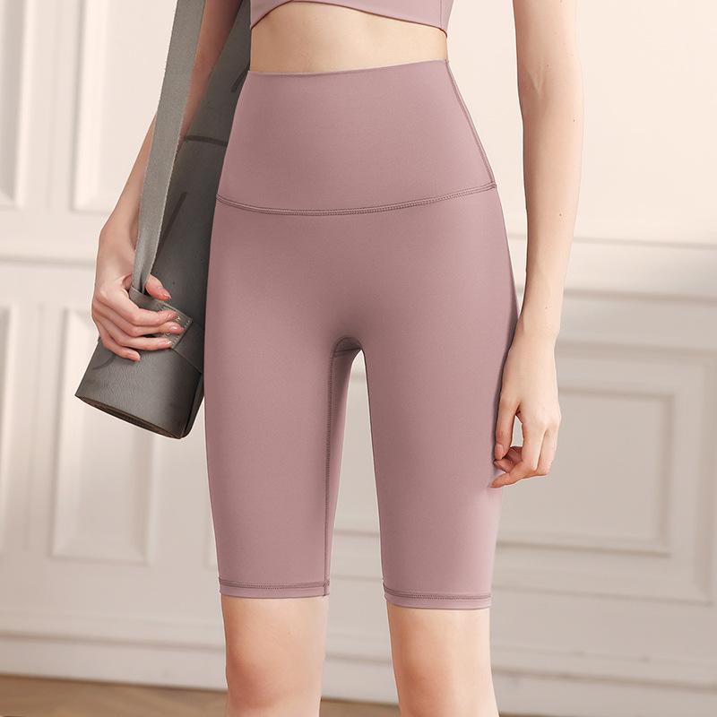 Sports shorts 2025 double-sided brocade nude fitness medium pants high waist slim peach hip sports five-point tight yoga pants women