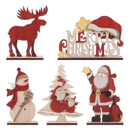Elk Tabletop Decorations Nordic Christmas Ornaments, Wood Reindeer Santa Claus Snowman Figurine, Small Shelf Rustic Desktop Decoration for Holiday