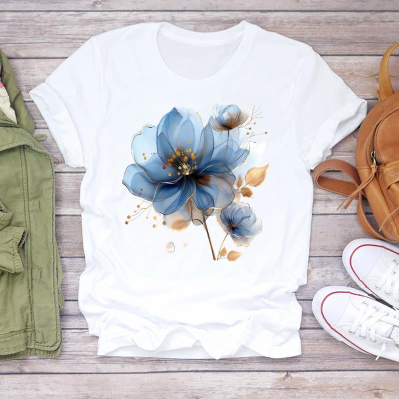 

(Asian Size) Printed Women Tee Lady Female watercolor flower cute Clothing T Shirt Casual Fashion Top Graphic Short Sleeve T-shirts S