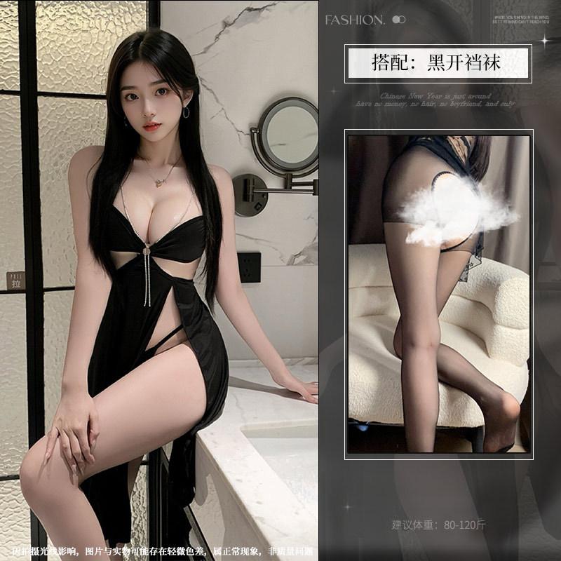 Suspender rhinestone chain deep V slit hollowed out sexy long dress erotic underwear, small chest friendly perspective nightdress