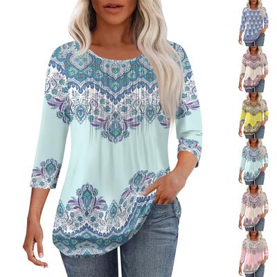 Women's Fashionable Casual Pleated Round Neck Casual Floral Print Seven Quarter Sleeved T-shirt Top