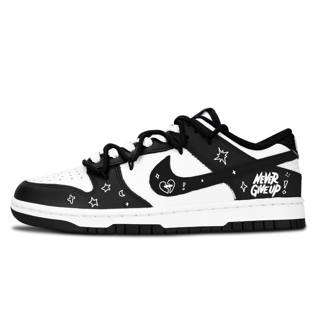 Nike Dunk Black White, Never Give Up Leather Abrasion Resistant Low Top Skateboard Shoes Unisex Black DD1503-101(Team887-)