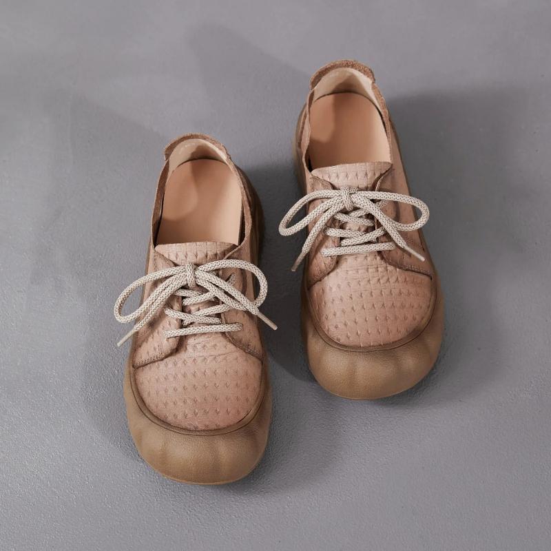 Johnature Retro Lace Up Soft Soled Shoes Comfortable Genuine Leather Versatile Women's Flat Shoes