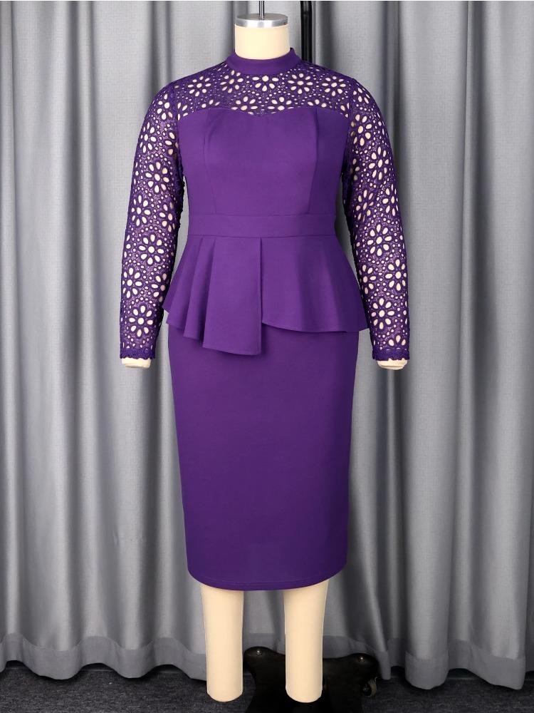 Elegant Women Church Dresses Bodycon Lace Patchwork Hollow Out Peplum Long Sleeves Classy Evening Party Wedding Guest