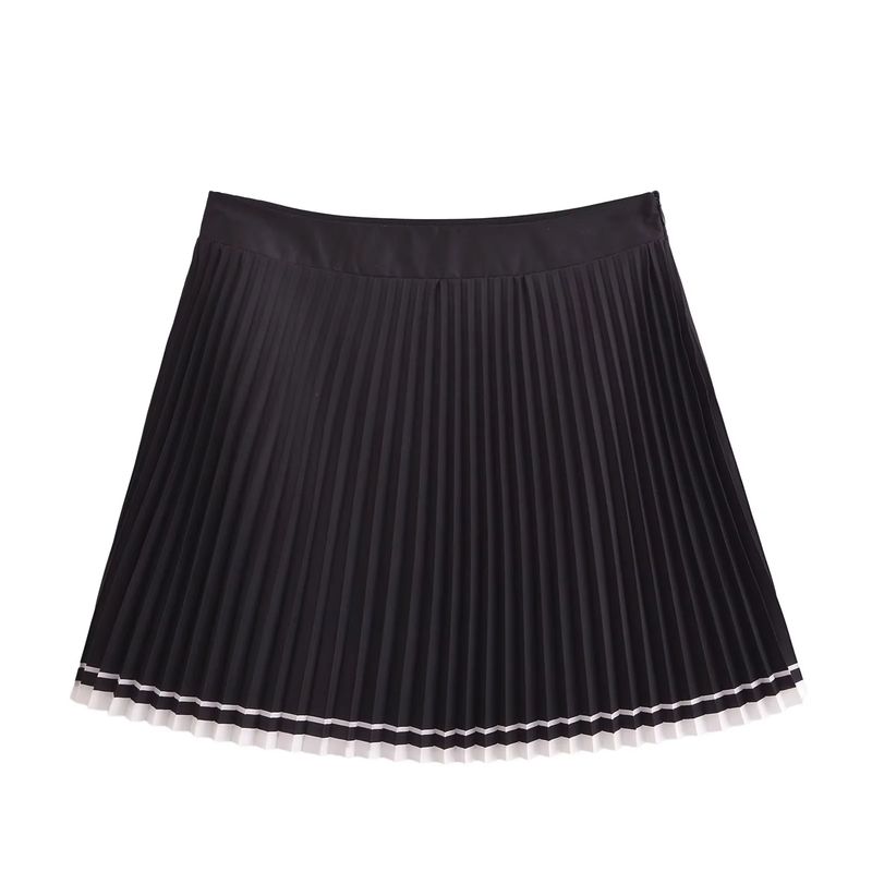 

Spring New Women s Clothing Preppy Style Contrast Color Trim Small Pleated Mid-Waist Mini Skirt 5427408 Black L