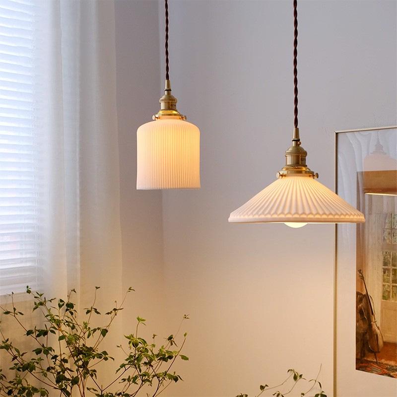 Nordic Inspired Japanese Brass & Pleated Ceramic Pendant Lamp for Restaurant, Bedroom or Dining Table