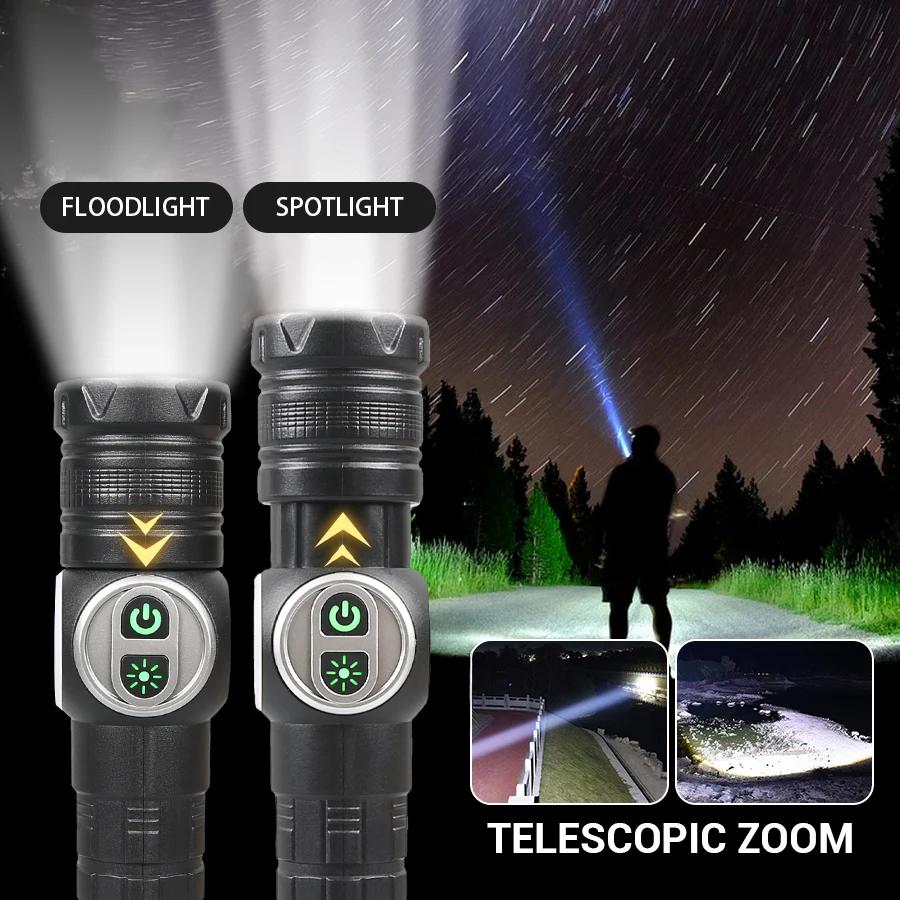 COB LED Flashlight Rechargeable Torch 7 Mode Zoomable Magnetic Lantern with Side Light Outdoor Camping Fishing Emergency Lamp