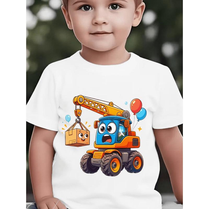 Boys Crewneck Short Sleeve T-Shirt, Cute Cartoon Crane with Gift Balloon Star Print Casual Top 110 белый